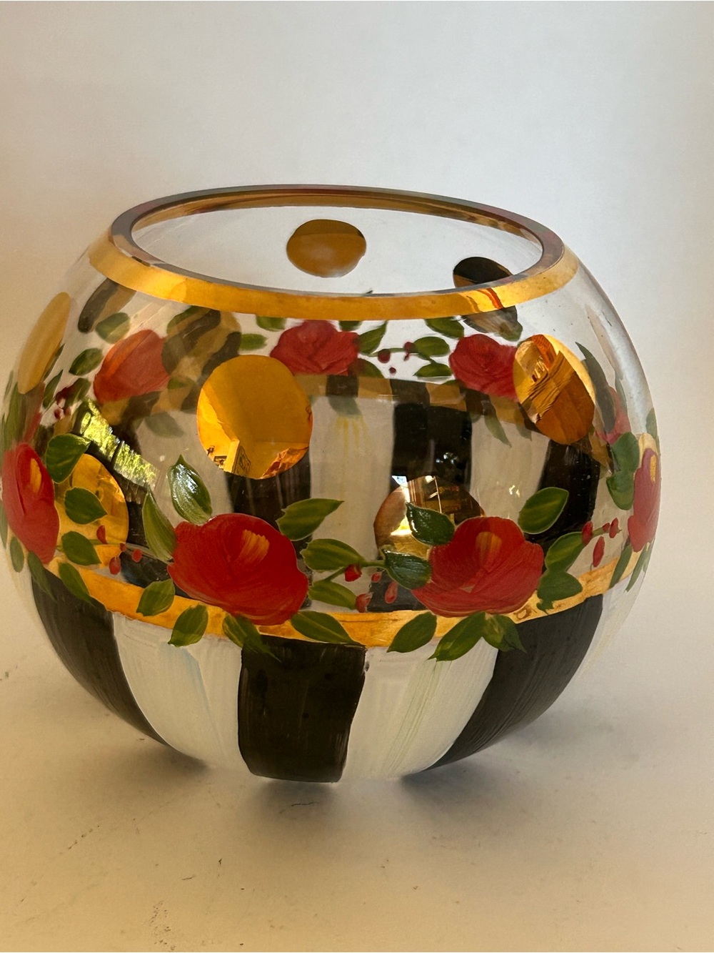 MacKenzie-Childs Heirloom Globe Rose Bowl Vase Hand Painted Courtly Stripes Gold